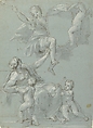 Allegorical Composition with Figures of Painting and Fame, Pietro Antonio de&#39; Pietri (Italian, Cremia 1663–1716 Rome), Pen and brown ink, brush and brown wash, highlighted with white, over charcoal, on blue paper (recto); slight architectural sketches in red chalk (verso)
